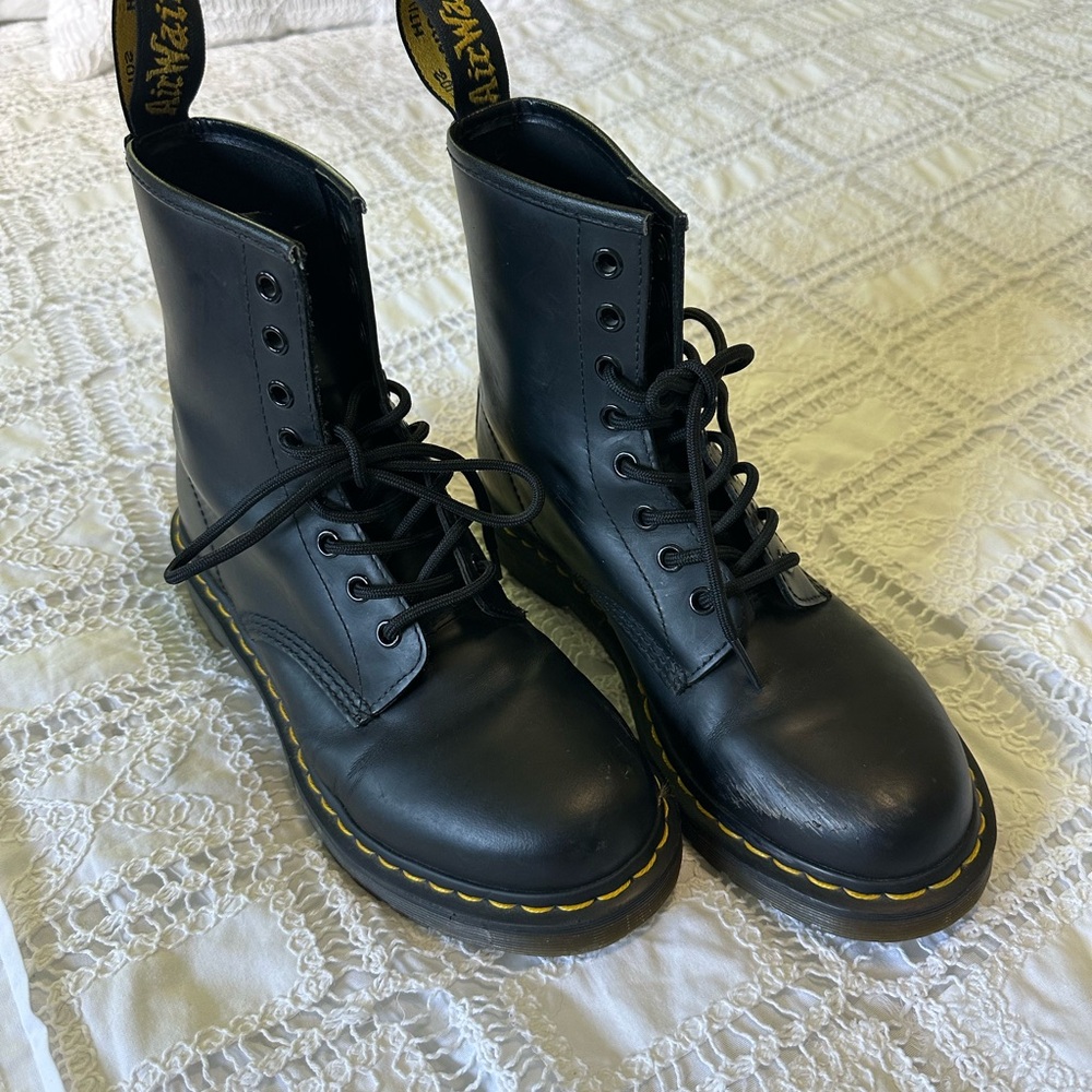 Dr. Martens Black Leather Boots with Yellow Accents